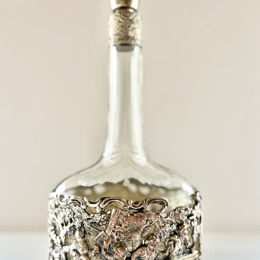 Sterling Silver Etched Crystal Decanter, Antique