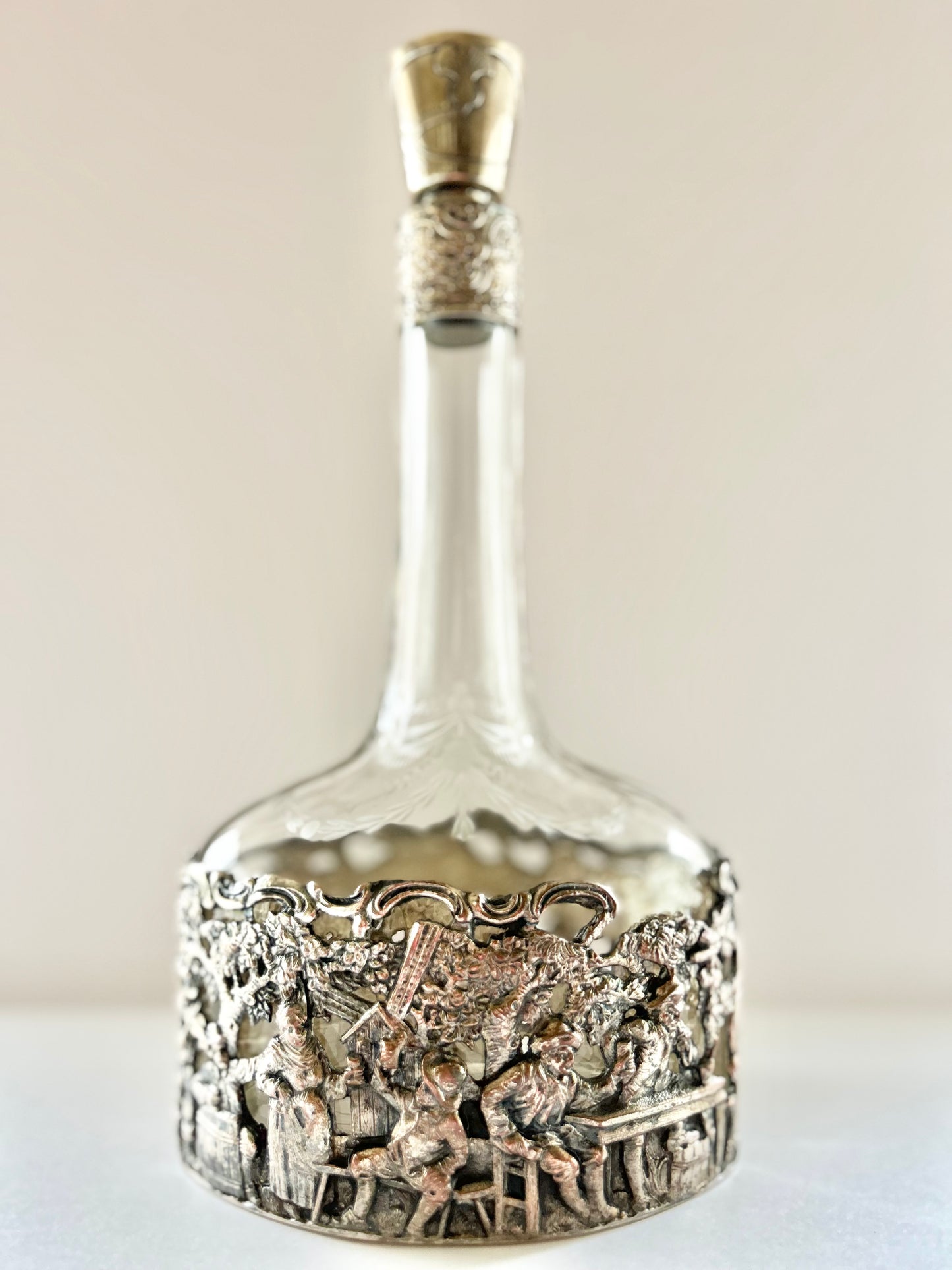 Sterling Silver Etched Crystal Decanter, Antique