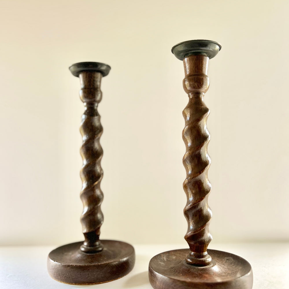 English Oak Barley Twist Candlestick Pair