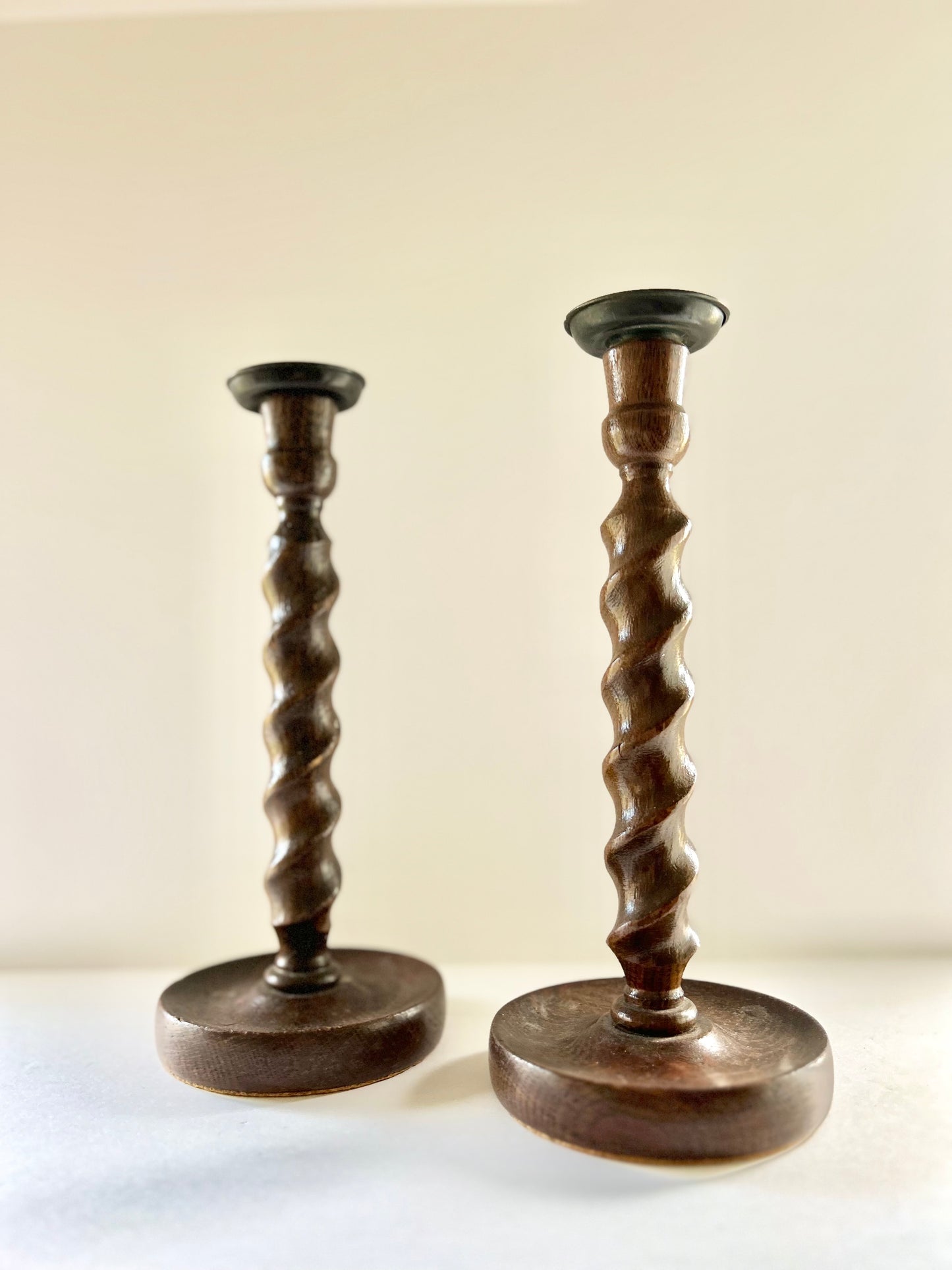 English Oak Barley Twist Candlestick Pair