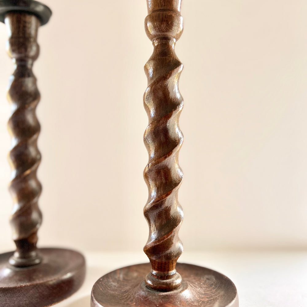 English Oak Barley Twist Candlestick Pair