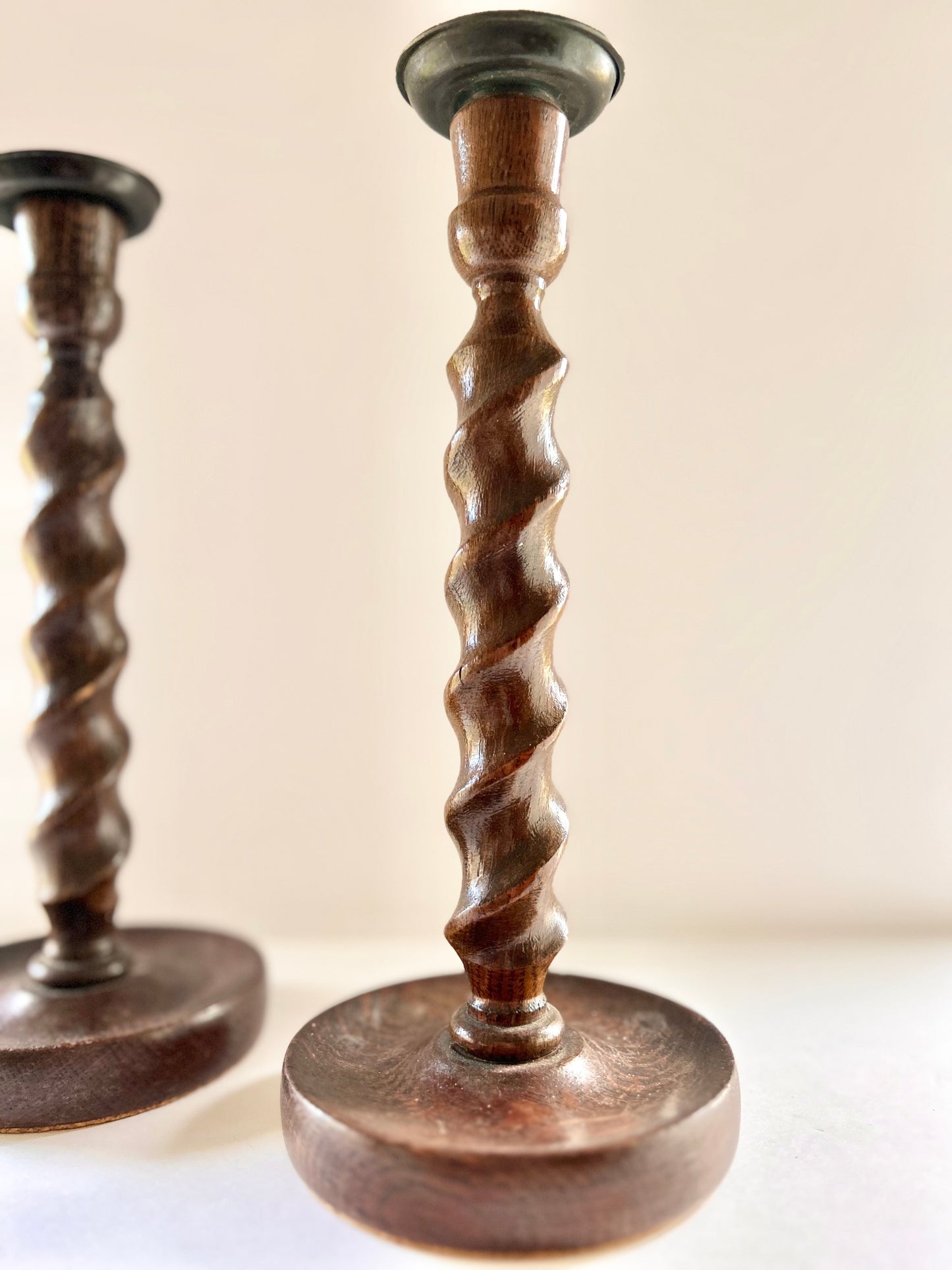 English Oak Barley Twist Candlestick Pair