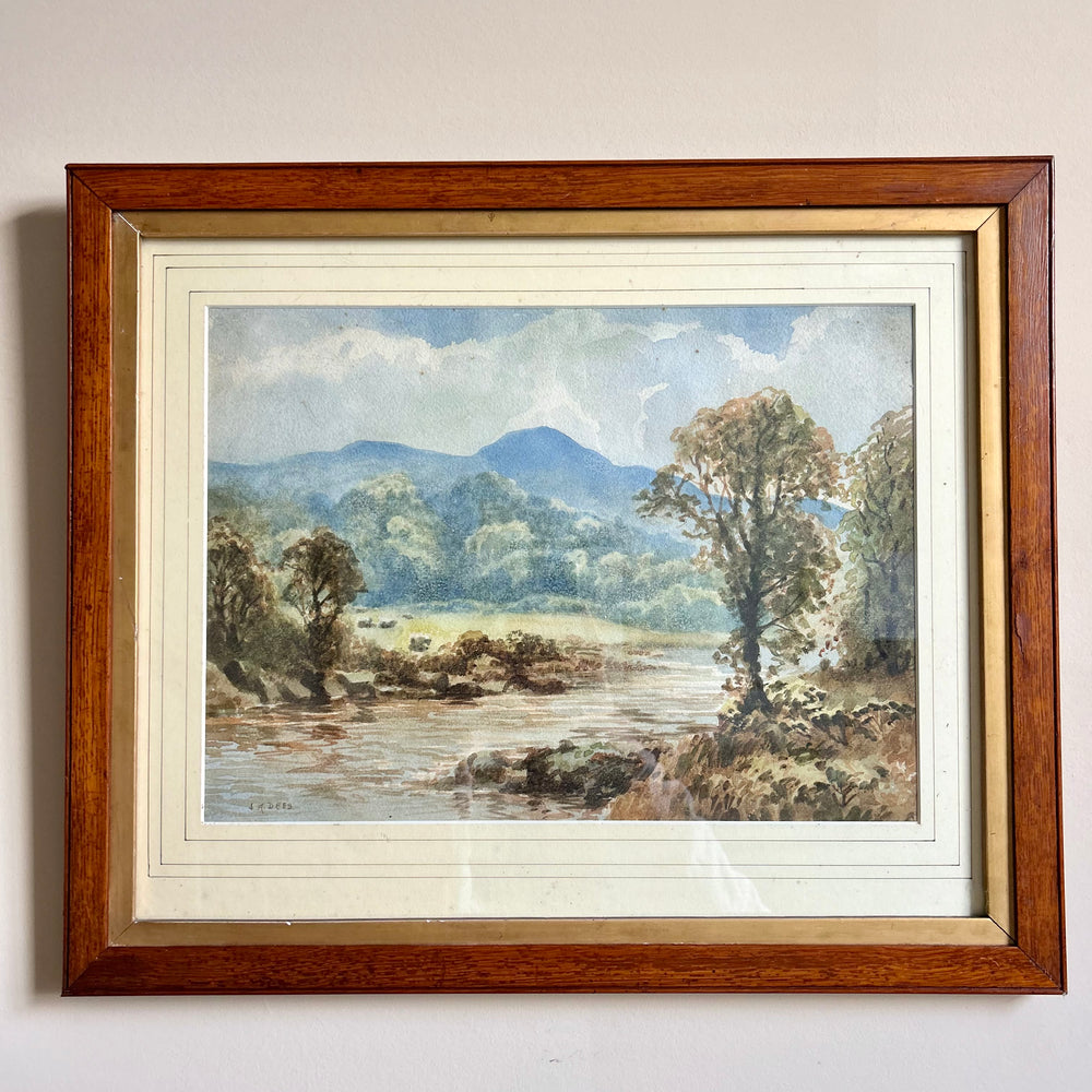 English Landscape Watercolor in Period Oak Frame, 19th Century