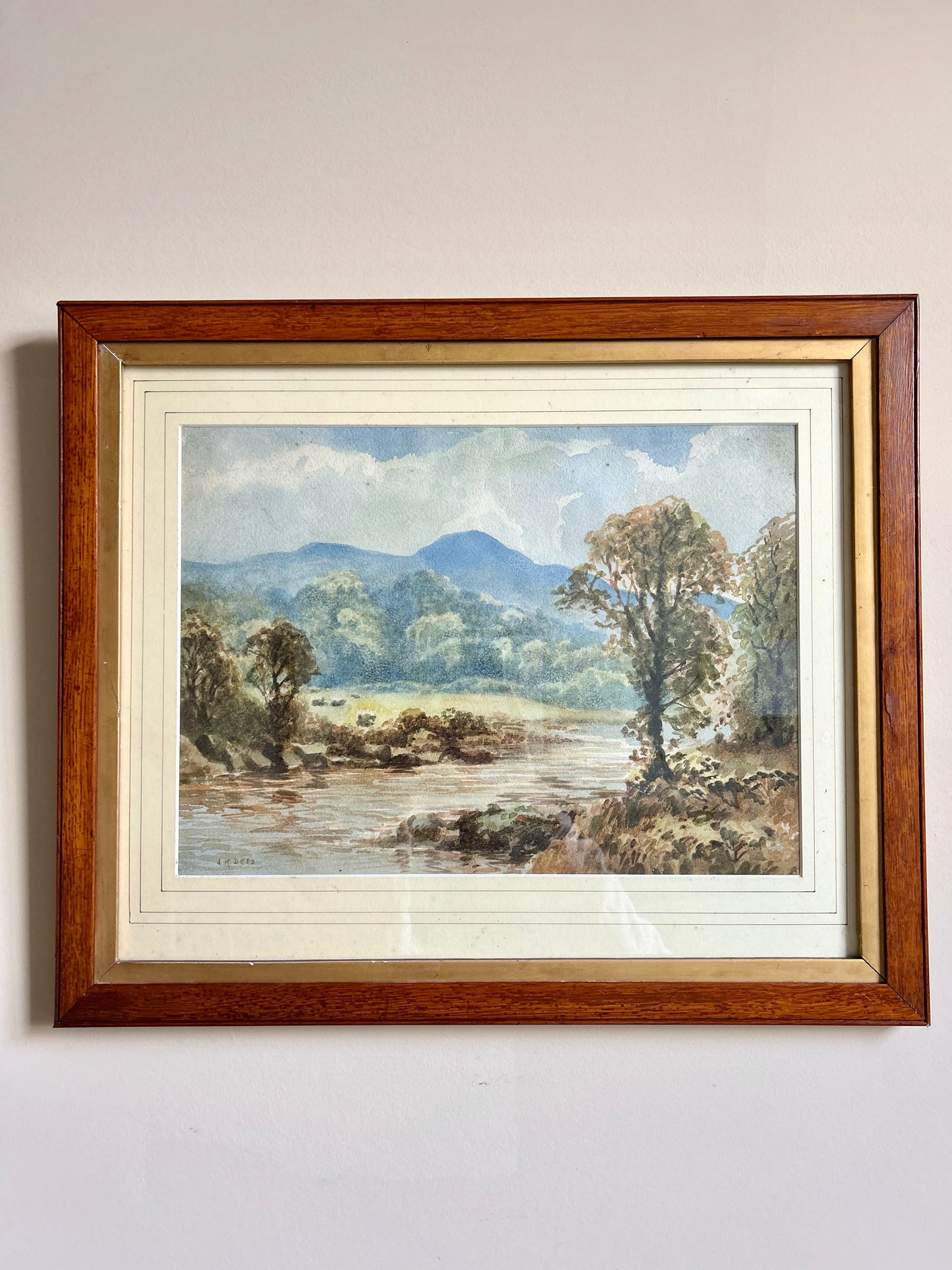 English Landscape Watercolor in Period Oak Frame, 19th Century