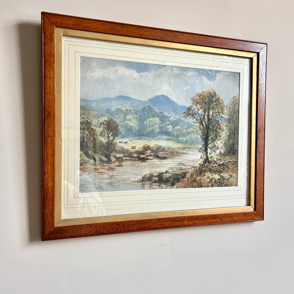 English Landscape Watercolor in Period Oak Frame, 19th Century